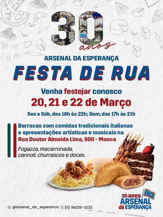 30 anos do Arsenal da Esperança terá Festa de Rua, com gastronomia típica da Itália e apresentações artísticas